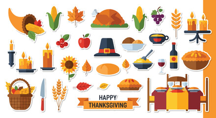 Adobe illustrator artwork vector illustration. A vibrant collection of Thanksgiving flat design stickers featuring traditional holiday food, autumn elements, and celebratory symbols