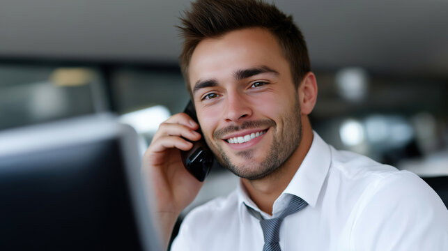 Smiling man talking on the phone in a modern office setting