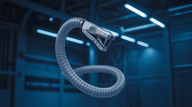 Robotic snake with articulated head in a futuristic industrial setting