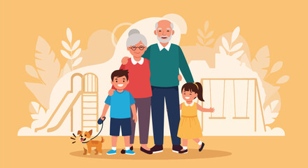 Adobe illustrator artwork vector illustration. Happy grandparents and grandchildren enjoy time together at a playground with their dog, symbolizing family fun and active aging