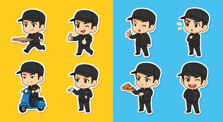 Adobe illustrator artwork vector illustration. A fun sticker set of a pizza delivery man in various poses and expressions, perfect for food service and quick delivery themes