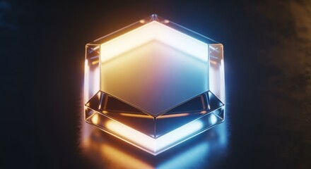 Stunning futuristic glowing cube with gold and blue light creates a modern hi tech atmosphere for your next project or design, technology forward