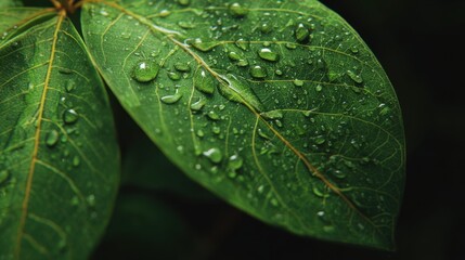 Closeup of green leaves covered in glistening water droplets show textured leaf veins
