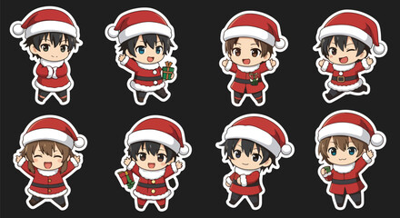 Adobe illustrator artwork vector illustration. A festive sticker set featuring Santa, reindeer, angels, and children with Christmas elements, perfect for holiday greetings and designs