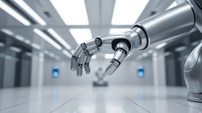 Robotic arm extending in a futuristic laboratory hallway