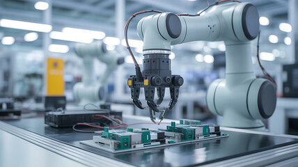Fototapeta premium Industrial robotic arm assembling electronic components in a modern manufacturing facility