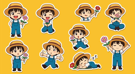 Adobe illustrator artwork vector illustration. A vibrant sticker set featuring a cute female gardener with various flowers and gardening tools, ideal for nature and hobby themes