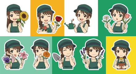 Adobe illustrator artwork vector illustration. A vibrant sticker set featuring a cute female gardener with various flowers and gardening tools, ideal for nature and hobby themes