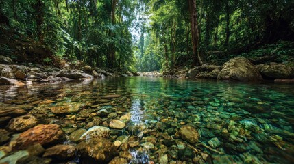 Obraz premium Serene forest river flowing through lush greenery, showcasing vibrant rocks beneath crystal-clear water.