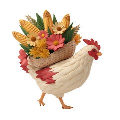 Chicken carrying cornucopia with corn and colorful flowers, symbolizing harvest and autumn celebration with warm festive colors