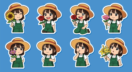 Adobe illustrator artwork vector illustration. A vibrant sticker set featuring a cute female gardener with various flowers and gardening tools, ideal for nature and hobby themes
