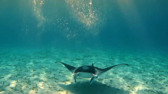 Underwater shot of a manta ray swimming over a sandy ocean floor with sunbeams shining through the water in 4k.