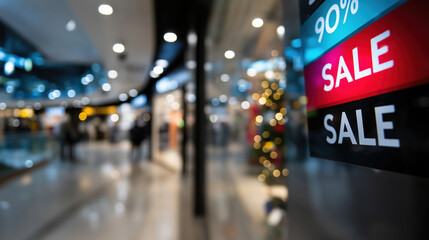 Sale signs attract shoppers in a busy mall during holiday season