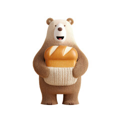 Happy bear holding fresh bread loaf with knitted basket, cute animal character illustration with bakery theme