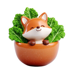 Cute fox figurine in orange bowl with fresh green lettuce leaves, creating playful and charming autumn salad decoration