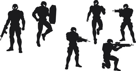 Futuristic soldier silhouettes with weapons, sci fi commando in action poses, tactical army fighter, military combat warrior illustration design set