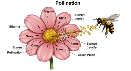 Educational diagram showing pollination process with flower and bee, biology vector illustration of pollen transfer, insect pollinator helping plant reproduction, science learning concept isolatedvvvv