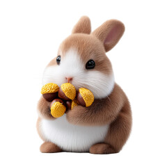 Cute brown and white rabbit holding bunch of roasted chestnuts, showing cozy and warm autumn feeling in detailed illustration