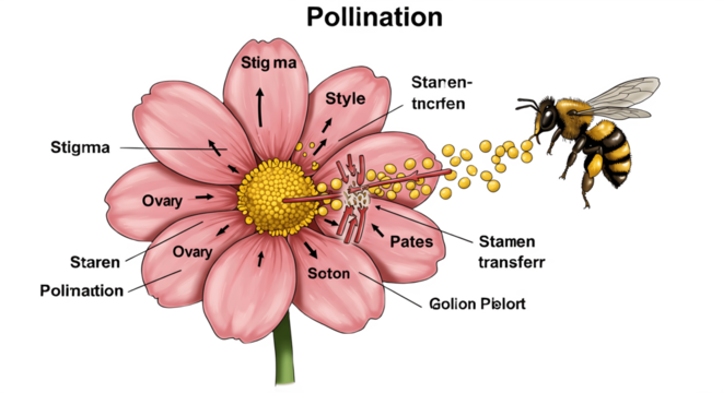 Educational diagram showing pollination process with flower and bee, biology vector illustration of pollen transfer, insect pollinator helping plant reproduction, science learning concept isolatedvvvv