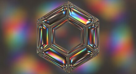Mesmerizing refractive hexagon with vibrant rainbow hues, perfect for modern design projects or a futuristic tech background element