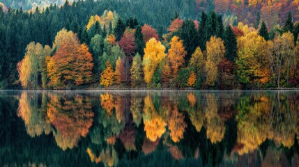 Obraz premium Stunning autumn landscape featuring colorful trees reflected in a serene lake, creating a picturesque scene.