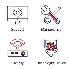 This vector graphic showcases a set of four distinct icons, each representing a different aspect of technical support and maintenance