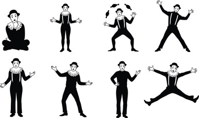 Mime artist illustration collection in black costume, juggling, pantomime performer poses, circus clown entertainment, theatrical acting character, comedy show concept
