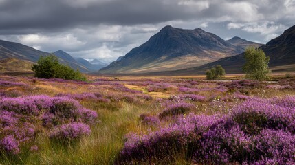 Vibrant purple heather blooms carpet a serene valley surrounded by majestic mountains under a cloudy sky.