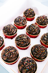 A box of chocolate cupcakes 