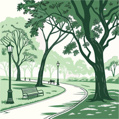 A serene park scene with a winding path, lush green trees, and inviting benches, , creating a peaceful and relaxing atmosphere for viewers