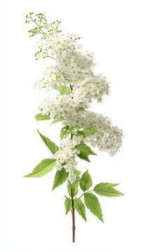 Delicate Meadowsweet Branch White Flowers, Green Leaves Isolated on White Background Spiraea Alba
