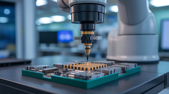 Automated robotic arm performing precision assembly on electronic circuit board in a high-tech manufacturing facility - Powered by Adobe