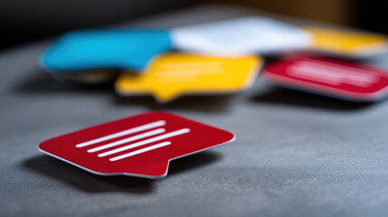 Colorful chat bubbles on a gray table surface