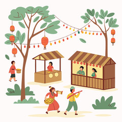 Isometric illustration of a vibrant night market scene with food stalls, lanterns, and people enjoying the festivities under the trees