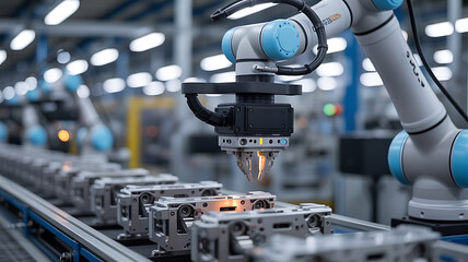 Industrial robotic arm assembling metal components on a production line in a modern factory