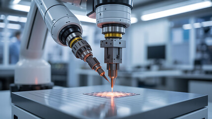 Robotic arms performing precision laser machining on a metal surface in a high-tech industrial facility