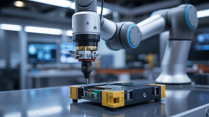 Fototapeta premium Robotic arm performing precision assembly on electronic component in a modern manufacturing facility