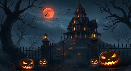 Haunted House at Halloween with Jack-o'-lanterns