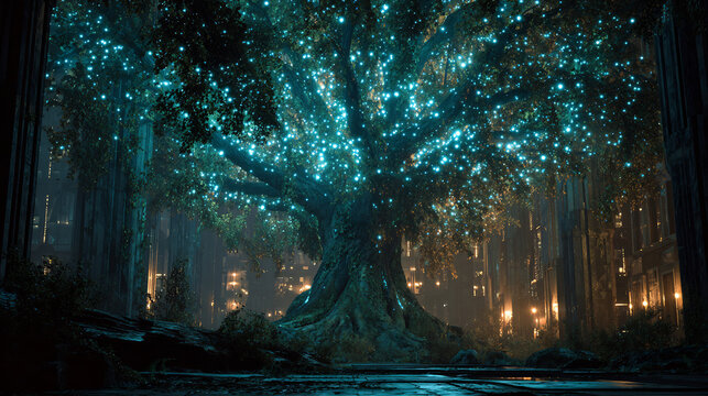 Detailed futuristic interface panels display data streams, graphics, and icons in a cool blue tone.