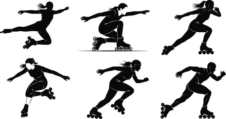 Roller skating silhouette vector, inline skater performing tricks, female athlete skating action, freestyle rollerblade moves, dynamic sports illustration, urban skating design