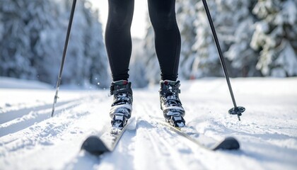 Close-up perspective of a person cross-country skiing on a groomed snowy trail in winter