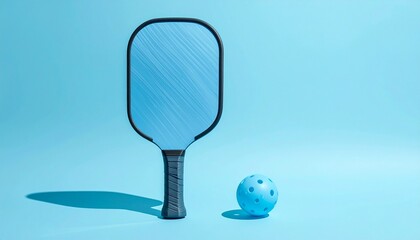 Pickleball Paddle and Ball Isolated on a Light Blue Background with Soft Shadow