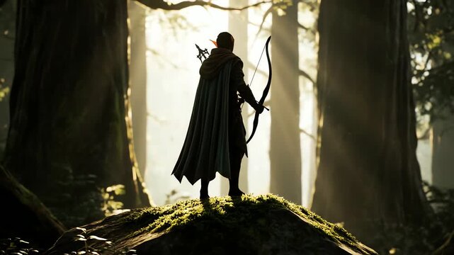 Silhouette of a hooded elf archer standing on a mossy hill in a misty forest with cinematic lighting in 4k.