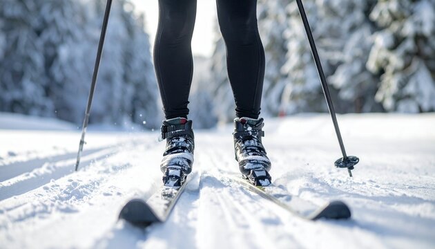 Close-up perspective of a person cross-country skiing on a groomed snowy trail in winter
