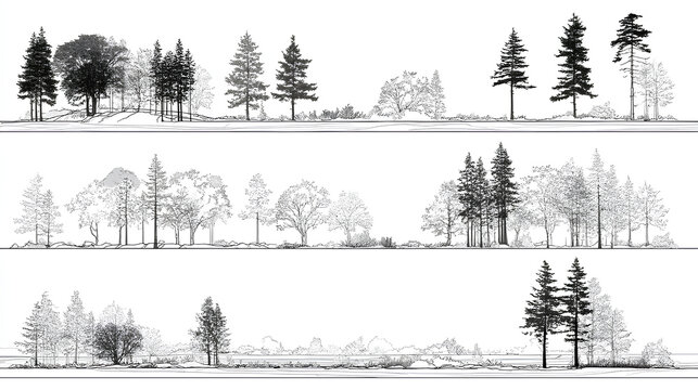 Architectural Drawings, Minimal style cad tree line drawing, Side view, set of section wetland forest outline for landscape design drawing. Vector illustration in seperate element Stock Vector