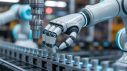 Robotic arm assembling components on an automated production line in a modern manufacturing facility