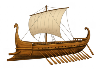 Ancient greek trireme warship sailing with oars and sail