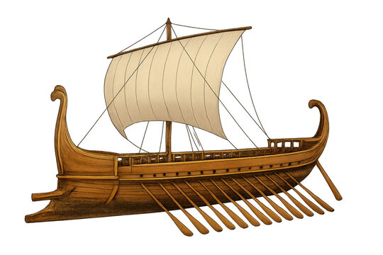 Ancient greek trireme warship sailing with oars and sail