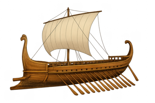 Ancient greek trireme warship sailing with oars and sail