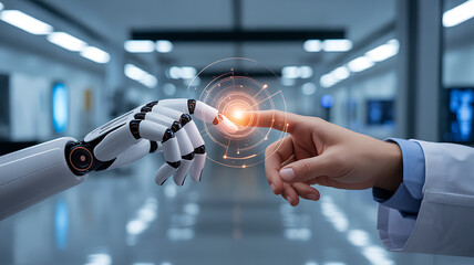Human hand and robotic arm touching, generating a glowing digital interface in a futuristic laboratory setting